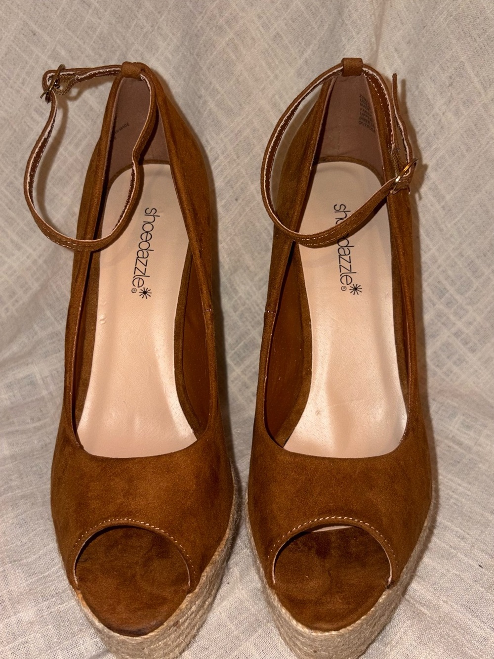 Shoe Dazzle Tan Suede Peep-Toe Espadrille Wedge with Ankle Strap